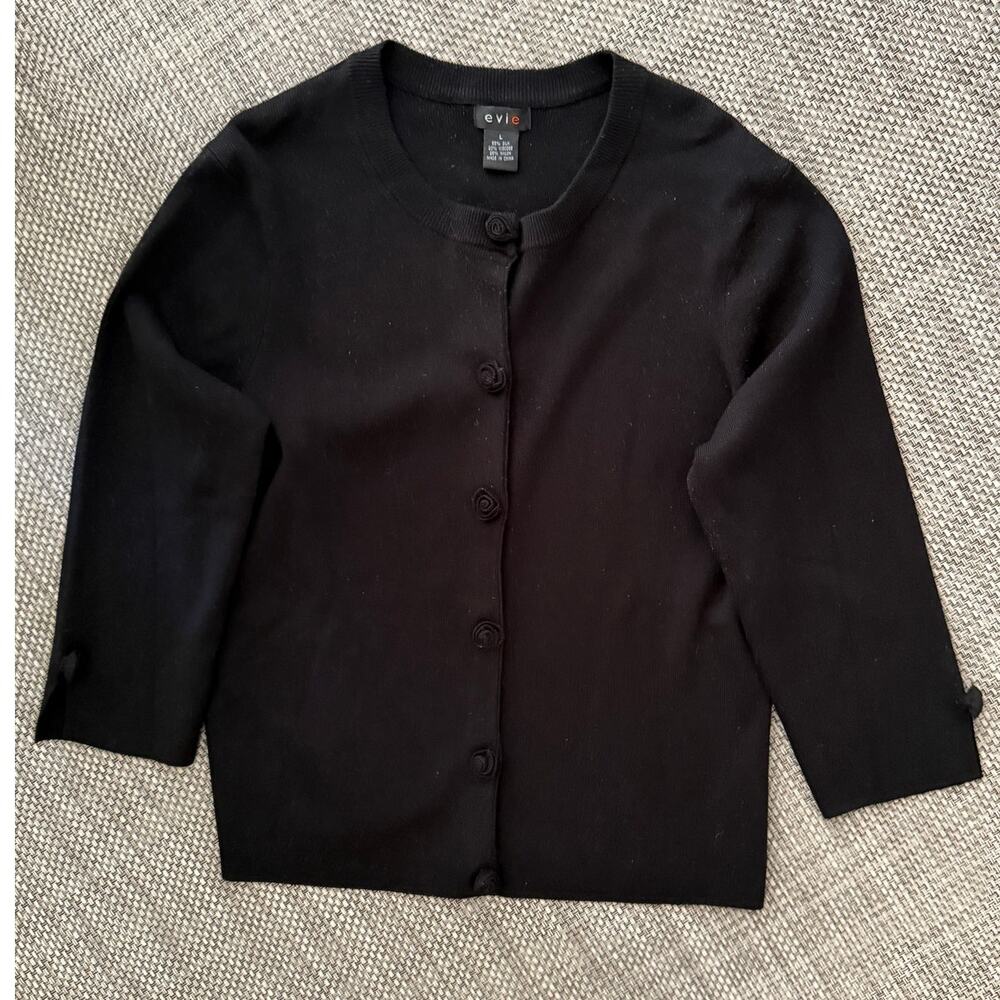 EVIE  Rosette Detail Slit Cuff Silk Cardigan Sweater L Black Dark Cottagecore